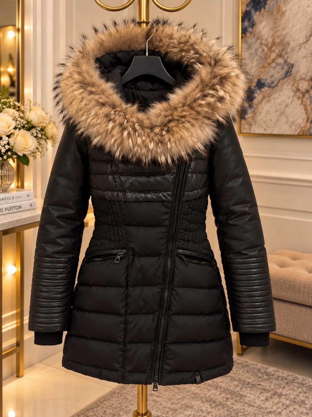 RUDSAK Black Quilted Puffer Coat with Tan Faux-Fur Hood Trim